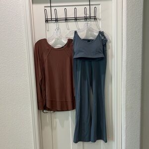 Stylish Blue Sports Bra, workout pants, and Brown Top Set